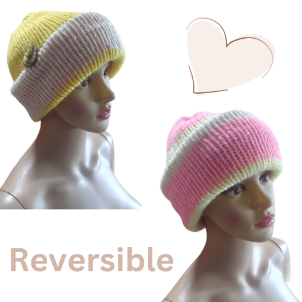 Reversible Double Knit Beanie-Yellow&Pink